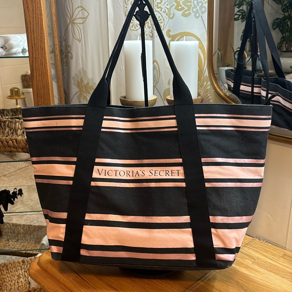 Large Pink, Rose Gold and Black Canvas Tote Bag.   Approx. 13 x 23